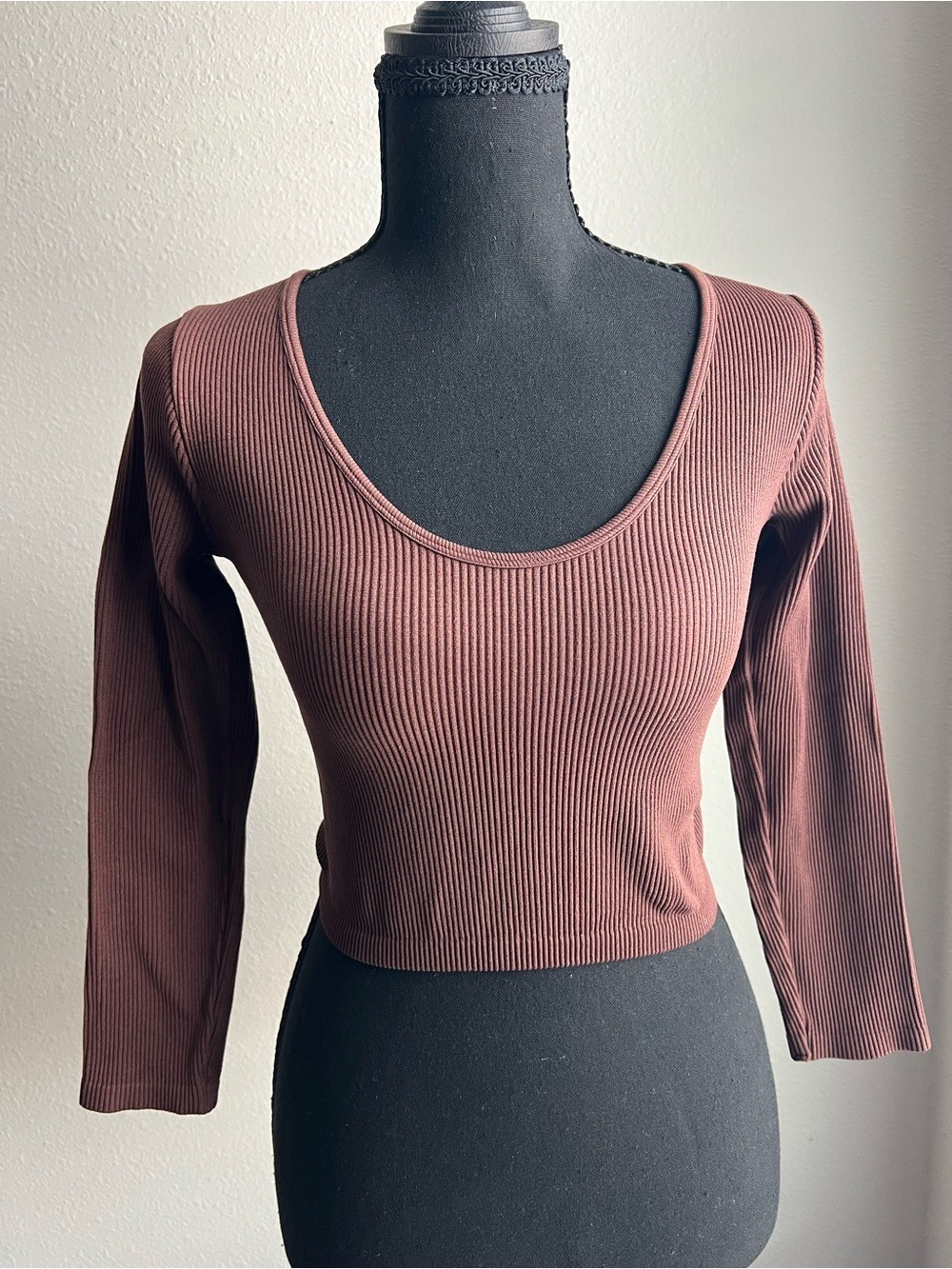 Zara Brown Ribbed Long Sleeve Crop Top